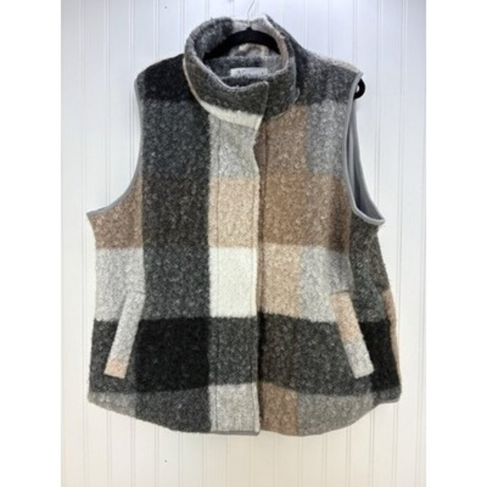 Natural Reflections Vest Women's XL Plaid Sherpa Faux Fur Warm Taupe Gray Tan